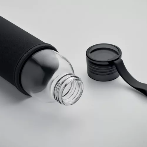 Sticlă de apă din sticlă reciclată cu husă neopran - Ebor, Negru