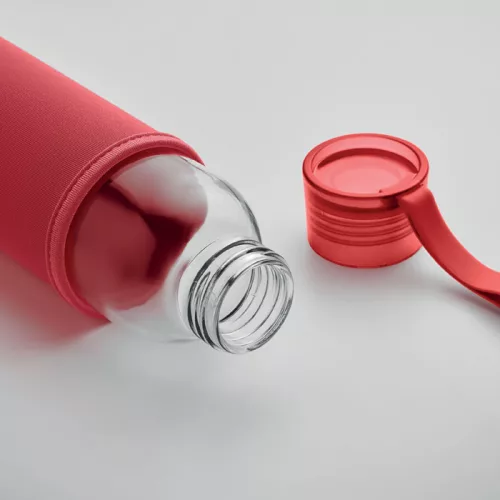 Sticlă de apă din sticlă reciclată cu husă neopran - Ebor, Roșu