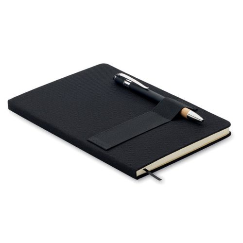 Notebook A5 cu copertă tare din RPET + pix din aluminiu - Nota, Negru