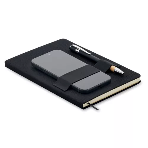 Notebook A5 cu copertă tare din RPET + pix din aluminiu - Nota, Negru