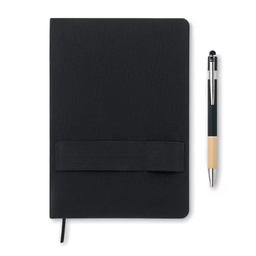 Notebook A5 cu copertă tare din RPET + pix din aluminiu - Nota, Negru