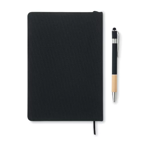 Notebook A5 cu copertă tare din RPET + pix din aluminiu - Nota, Negru